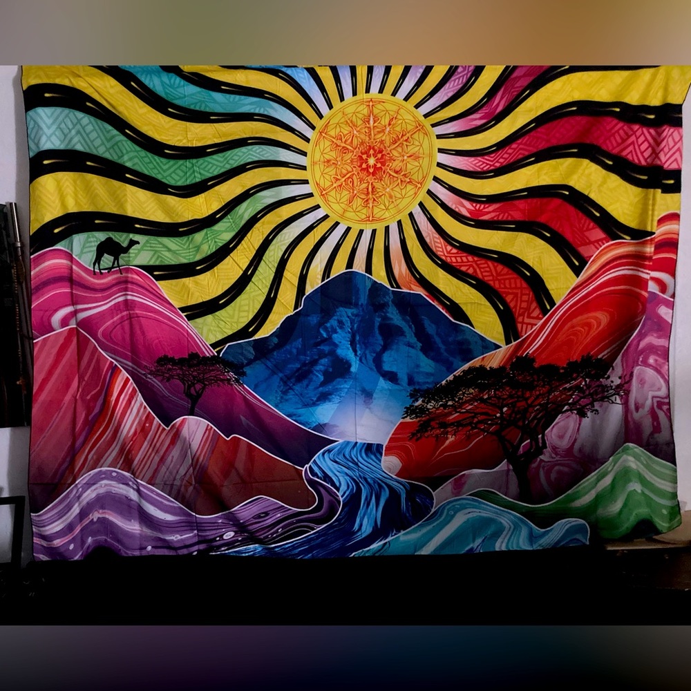 Vibrant Multicolor Tapestry with Sun and Mountain Design